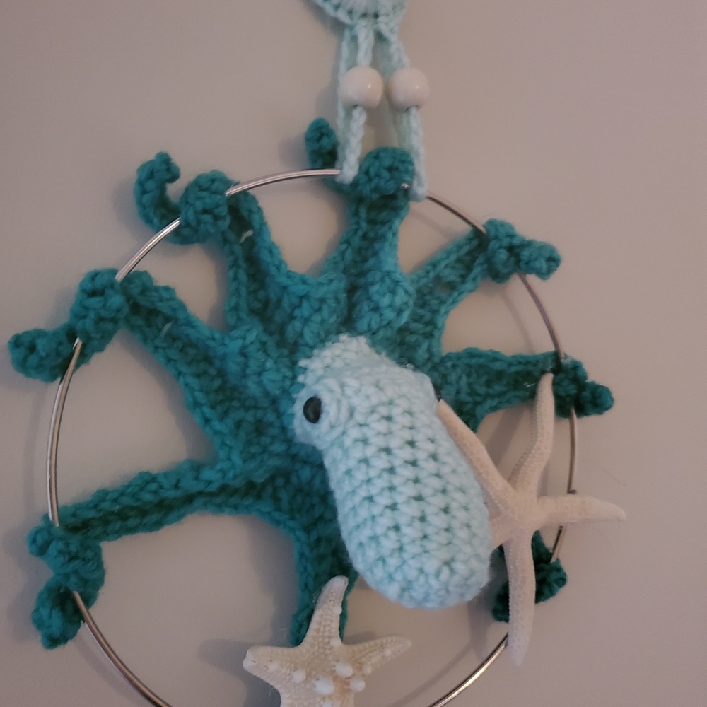 Handmade Crochet Sea Star Wall Hanging in Teal and Light Blue - Picture 7 of 11
